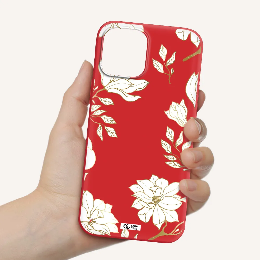 Golden And White Flower Apple iPhone 12 pro Silicone Imperial Red Case