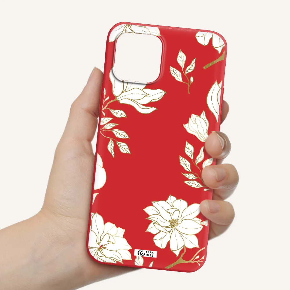 Golden And White Flower Apple iPhone 12 Silicone Imperial Red Case