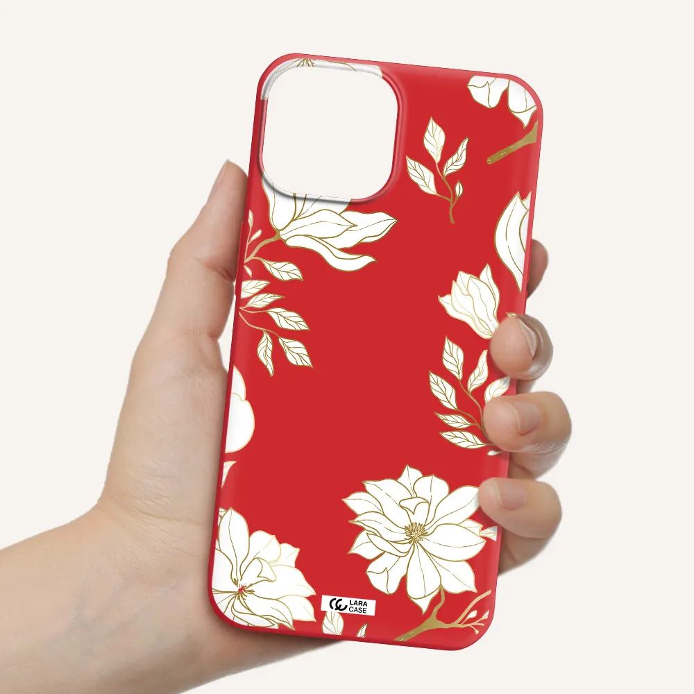 Golden And White Flower Apple iPhone 13 mini Silicone Imperial Red Case