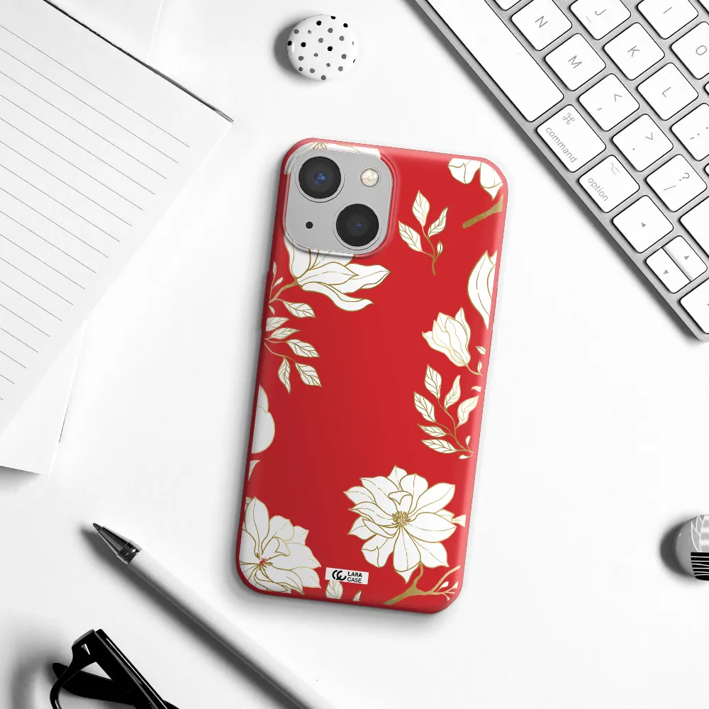 Golden And White Flower Apple iPhone 13 mini Silicone Imperial Red Case