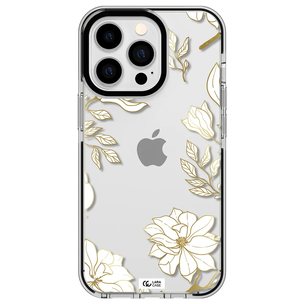 Golden And White Flower Apple iPhone 13 Pro impact black border Case