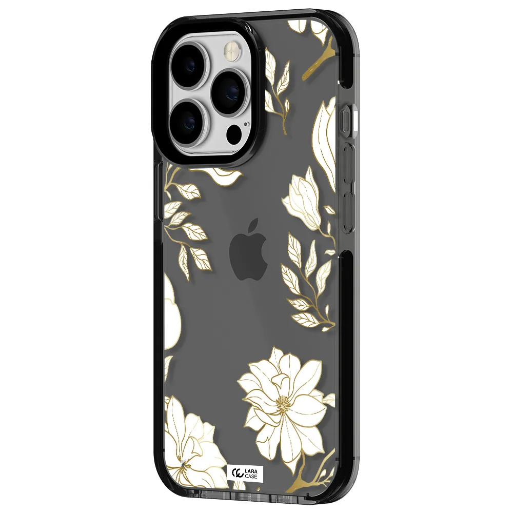 Golden And White Flower Apple iPhone 13 Pro impact Smoke Black Case