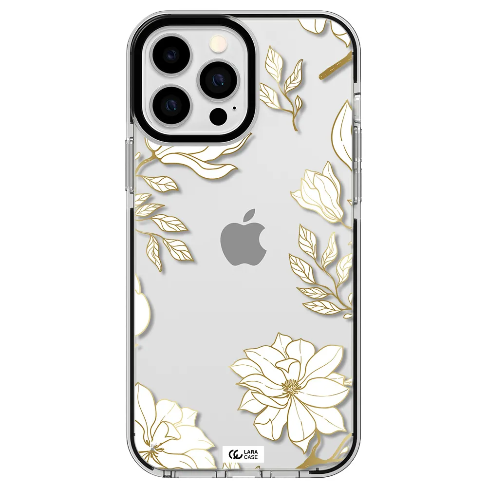 Golden And White Flower Apple iPhone 13 Pro Max impact black border Case