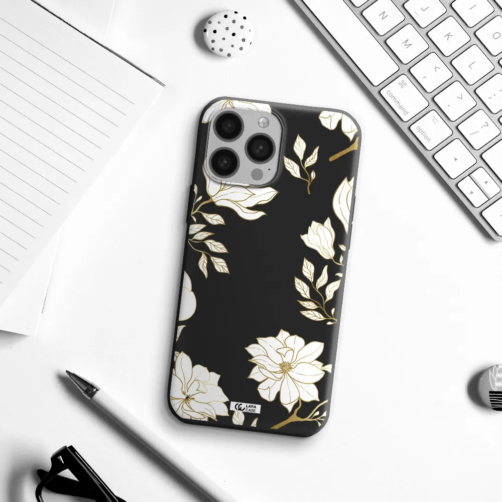Golden And White Flower Apple iPhone 13 Pro Max Silicone black Case