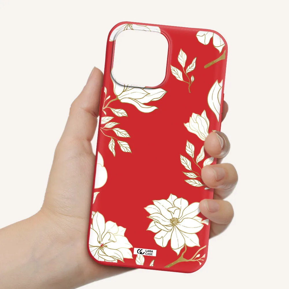 Golden And White Flower Apple iPhone 13 Pro Max Silicone Imperial Red Case