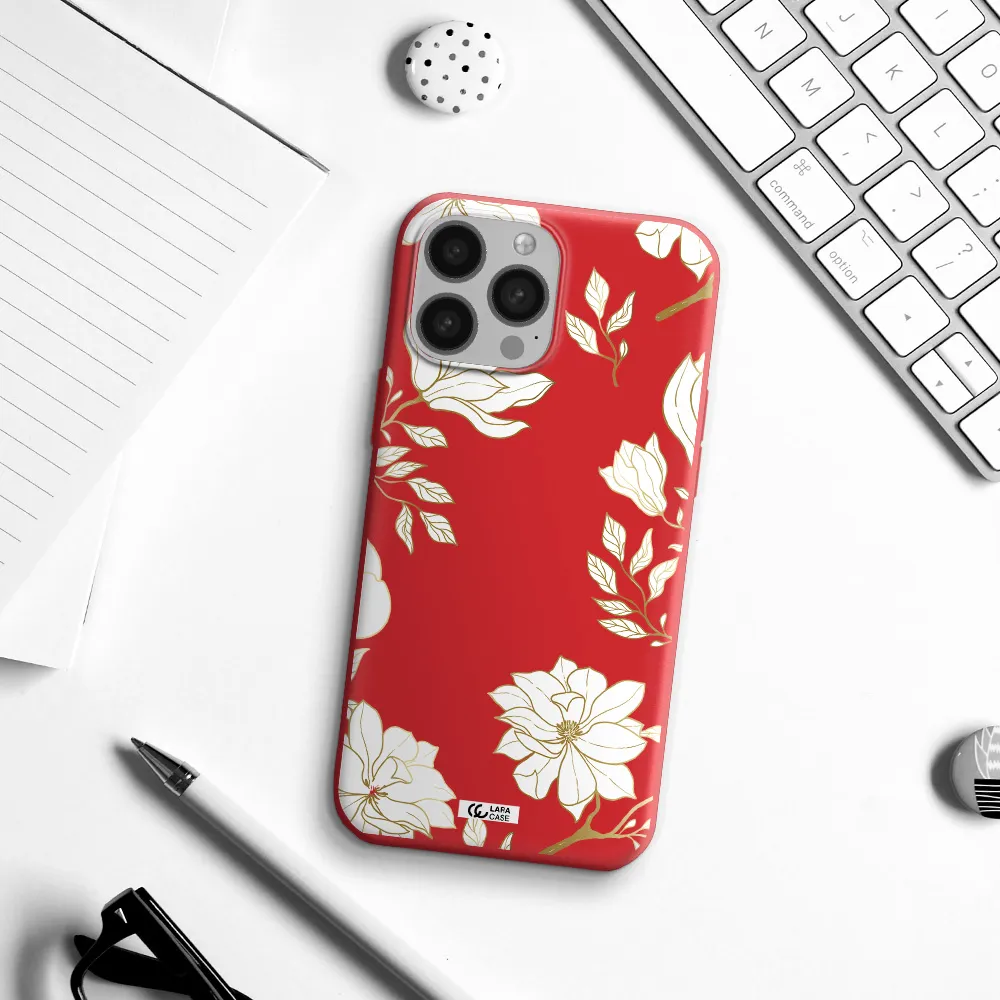 Golden And White Flower Apple iPhone 13 Pro Max Silicone Imperial Red Case