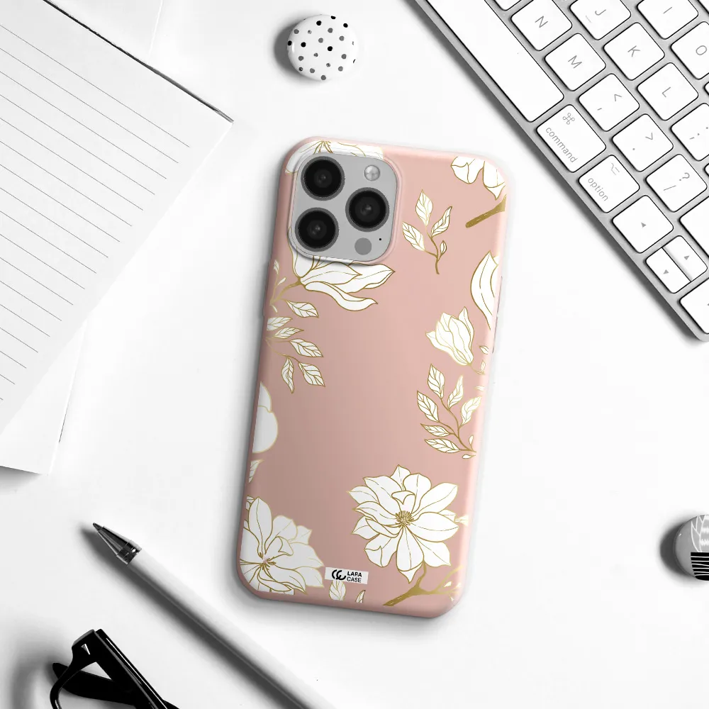 Golden And White Flower Apple iPhone 13 Pro Silicone pastel pink Case