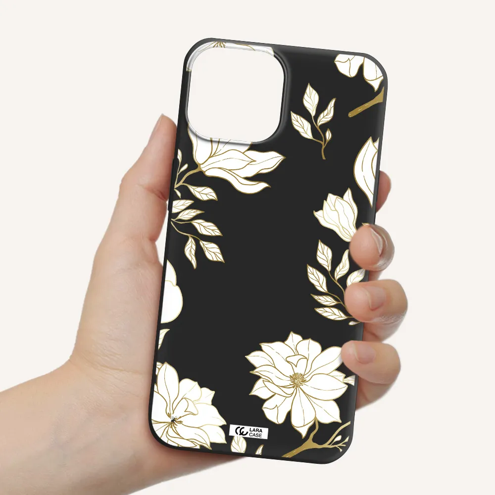 Golden And White Flower Apple iPhone 13 Silicone black Case