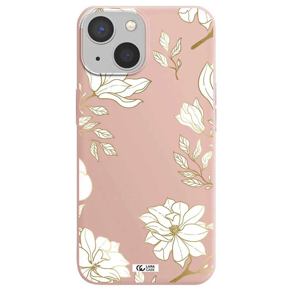 Golden And White Flower Apple iPhone 13 Silicone pastel pink Case