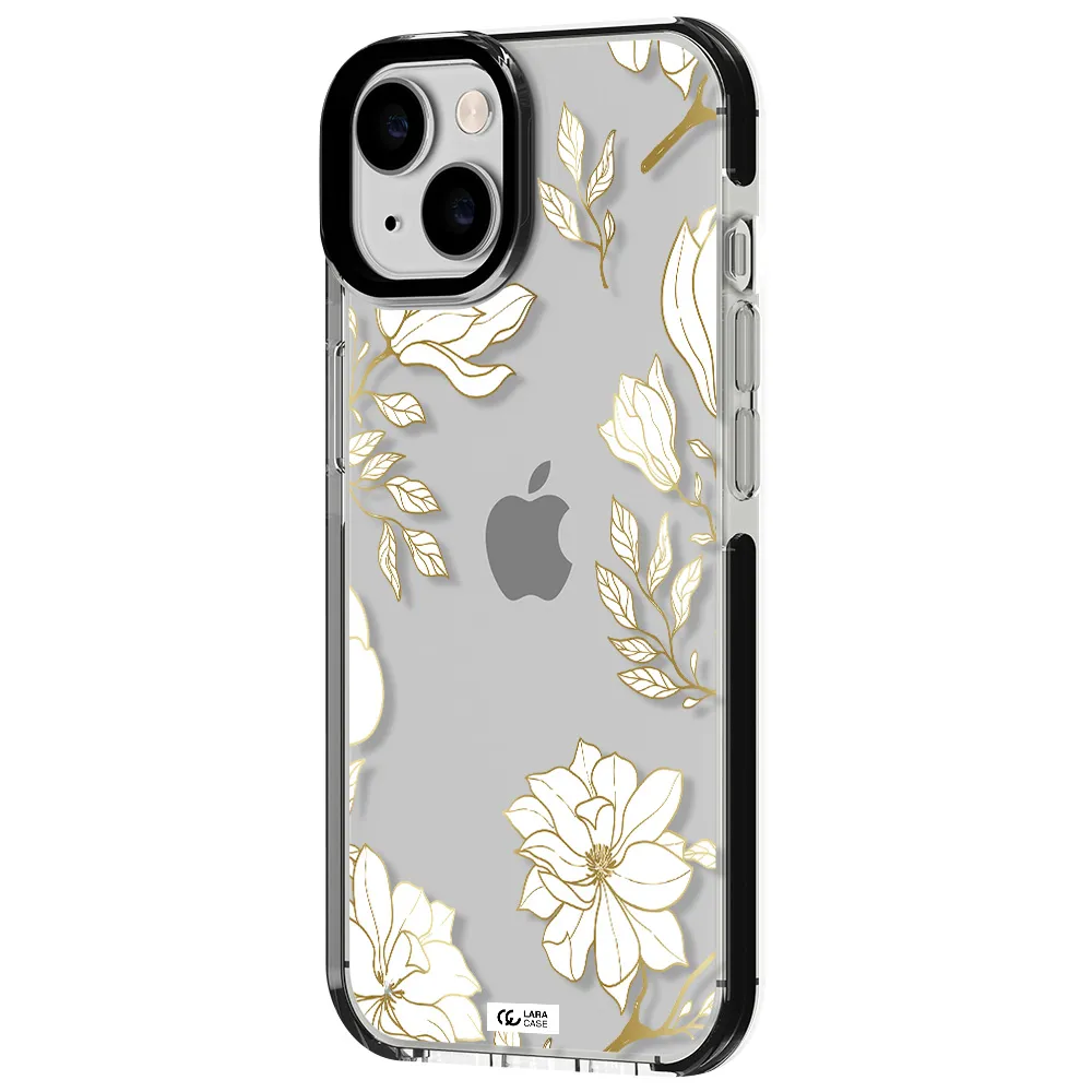Golden And White Flower Apple iPhone 14 impact black border Case