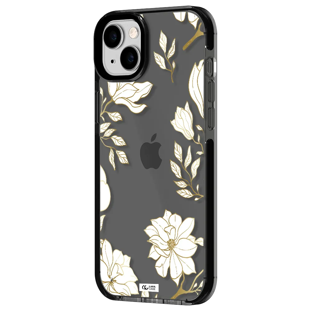 Golden And White Flower Apple iPhone 14 plus impact Smoke Black Case