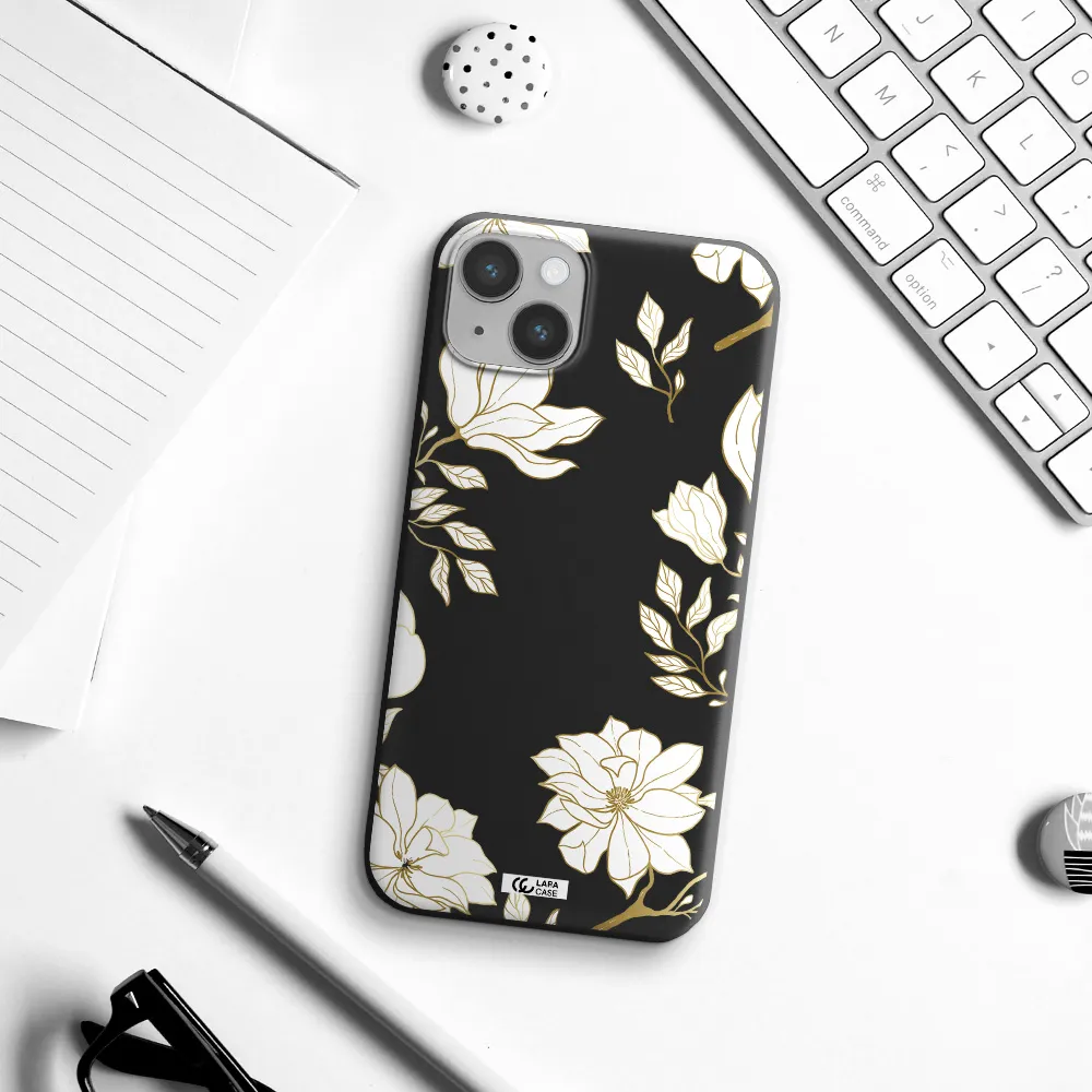 Golden And White Flower Apple iPhone 14 plus Silicone black Case