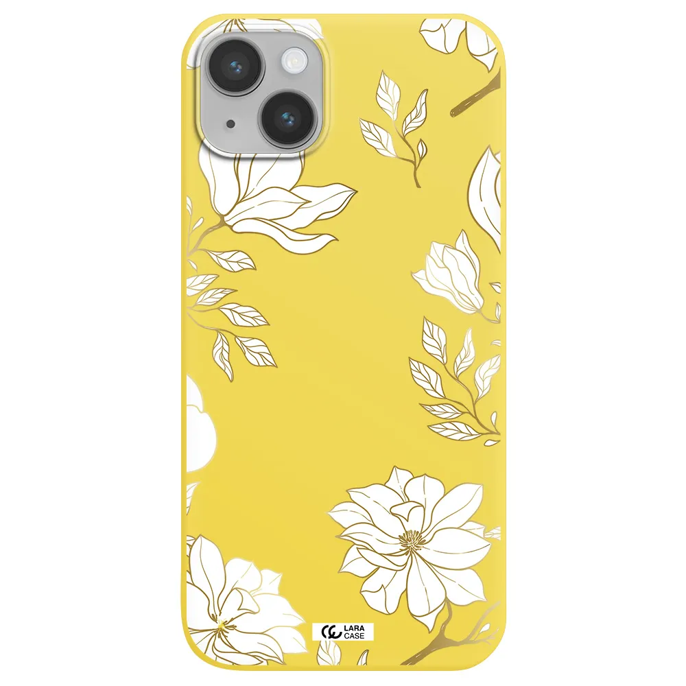 Golden And White Flower Apple iPhone 14 plus Silicone canary yellow Case