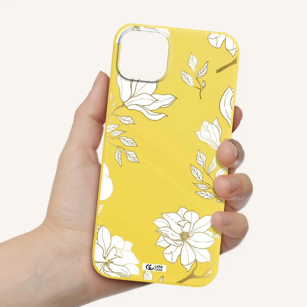 Golden And White Flower Apple iPhone 14 plus Silicone canary yellow Case