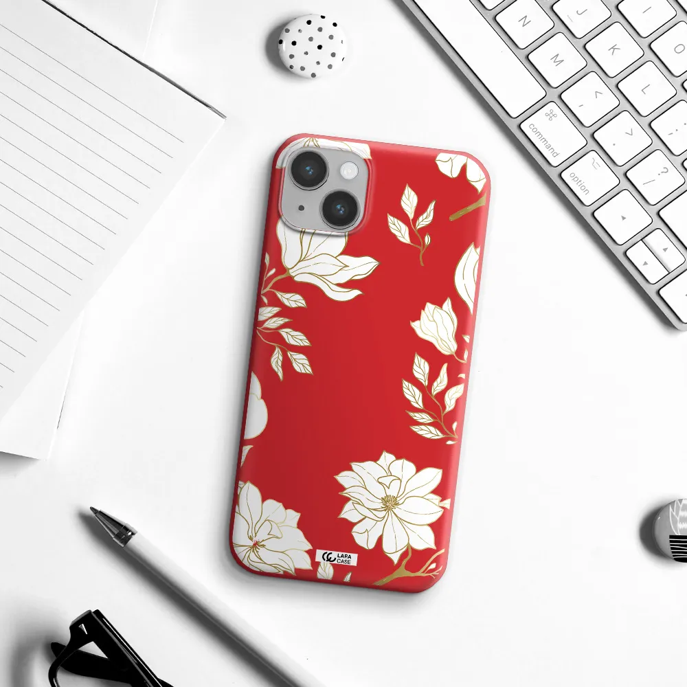 Golden And White Flower Apple iPhone 14 plus Silicone Imperial Red Case