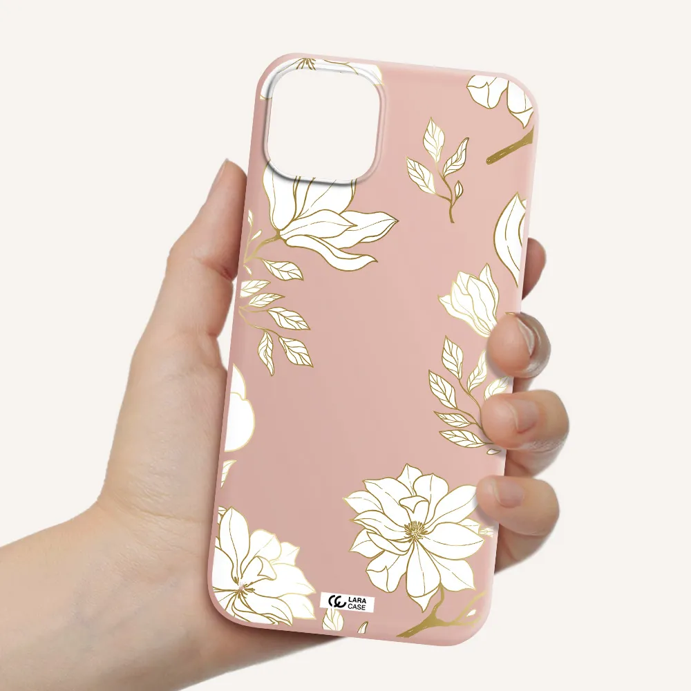 Golden And White Flower Apple iPhone 14 plus Silicone pastel pink Case