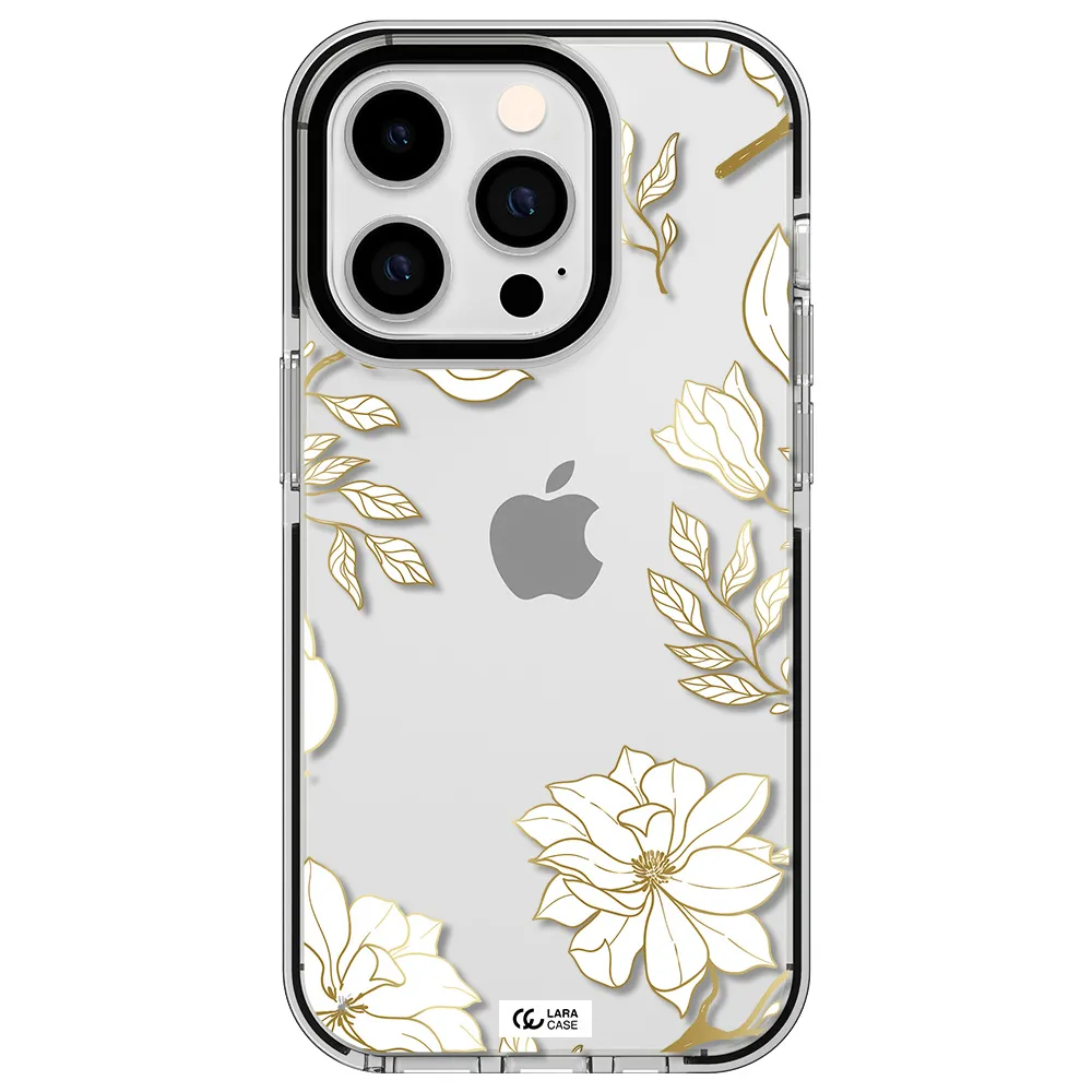 Golden And White Flower Apple iPhone 14 pro impact black border Case