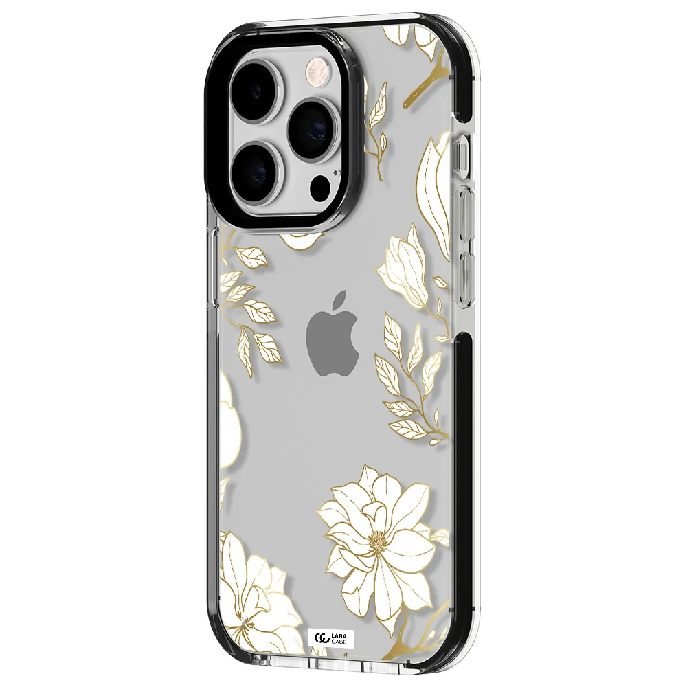 Golden And White Flower Apple iPhone 14 pro impact black border Case