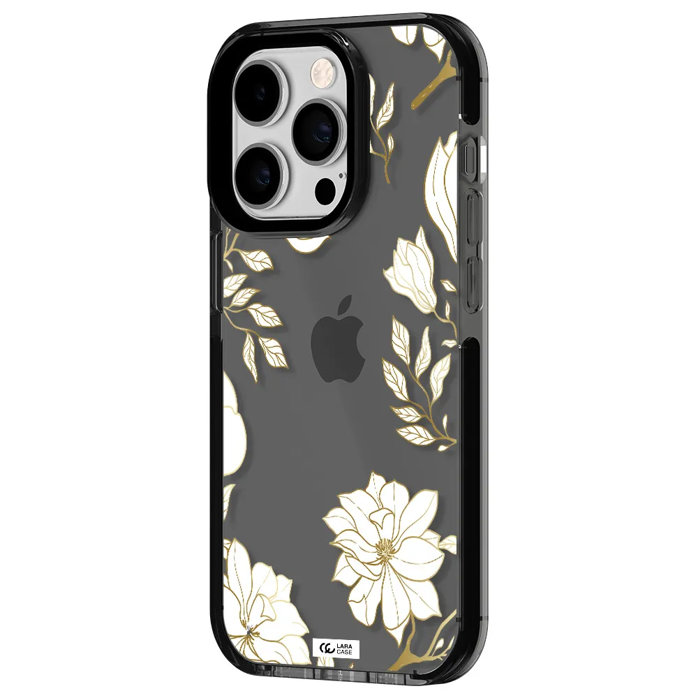 Golden And White Flower Apple iPhone 14 pro impact Smoke Black Case