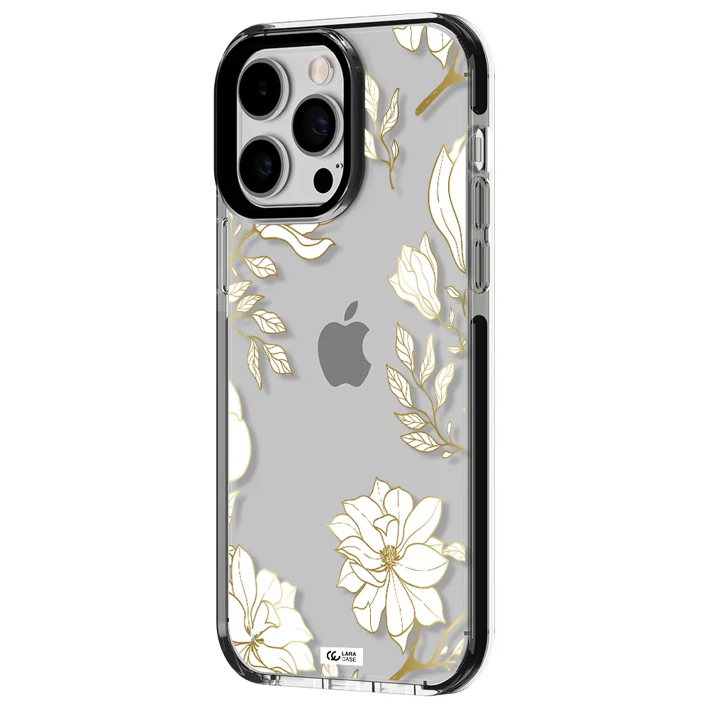 Golden And White Flower Apple iPhone 14 pro max impact black border Case