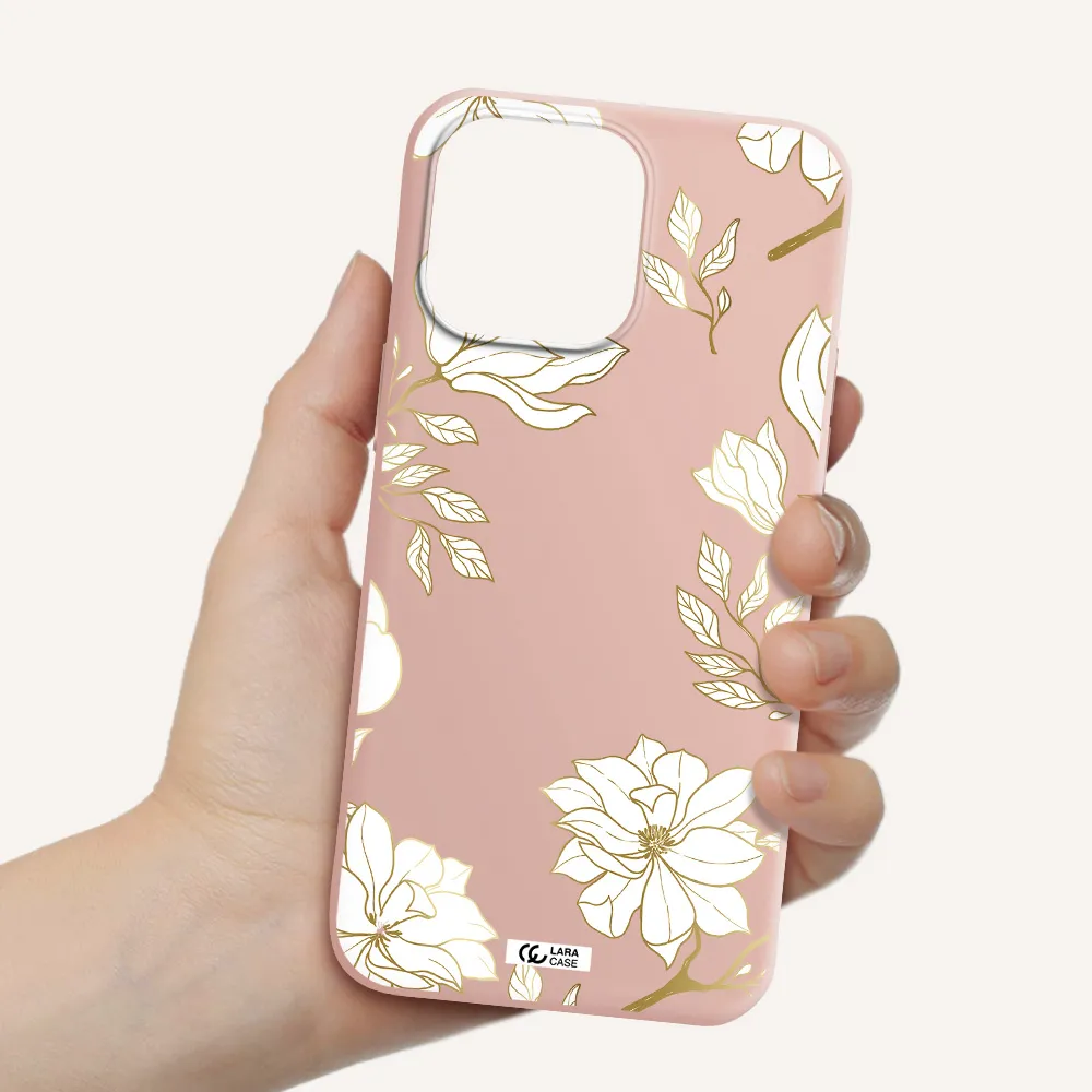Golden And White Flower Apple iPhone 14 pro max Silicone pastel pink Case