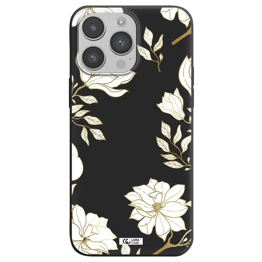 Golden And White Flower Apple iPhone 14 pro Silicone black Case