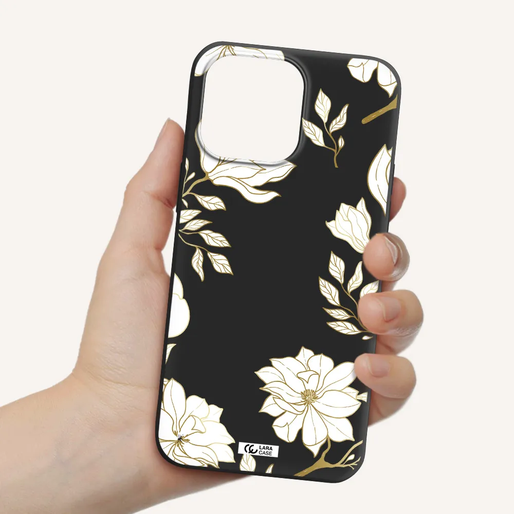 Golden And White Flower Apple iPhone 14 pro Silicone black Case