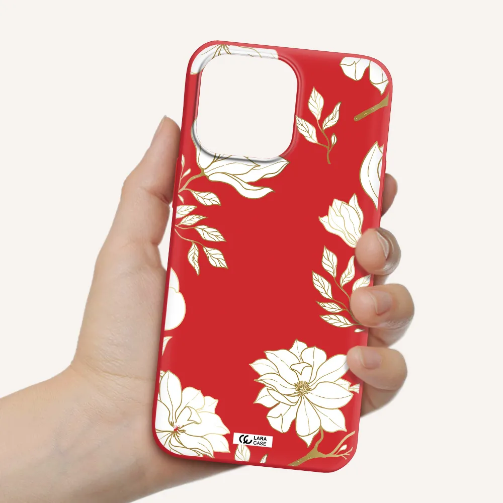 Golden And White Flower Apple iPhone 14 pro Silicone Imperial Red Case
