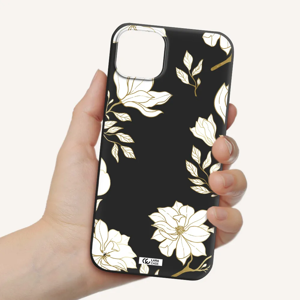 Golden And White Flower Apple iPhone 14 Silicone black Case