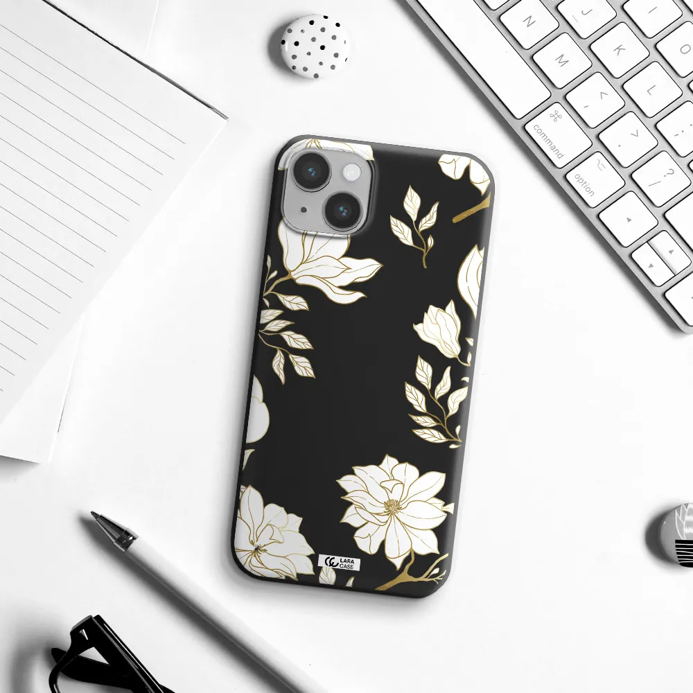 Golden And White Flower Apple iPhone 14 Silicone black Case