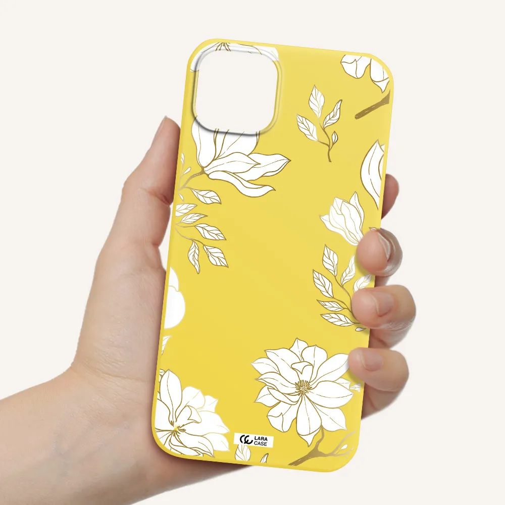 Golden And White Flower Apple iPhone 14 Silicone canary yellow Case