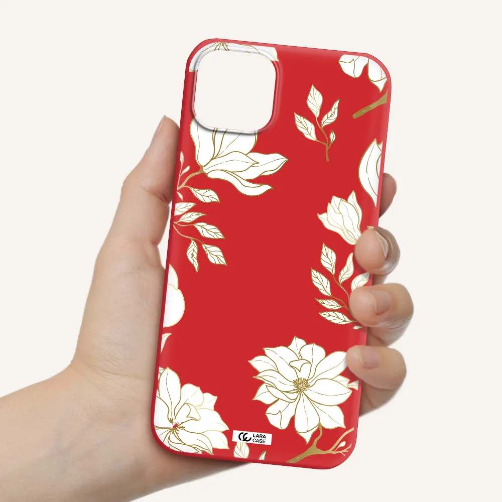 Golden And White Flower Apple iPhone 14 Silicone Imperial Red Case