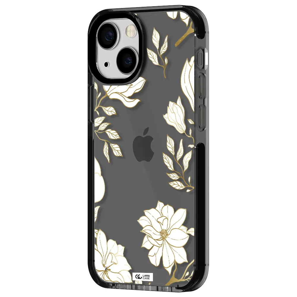 Golden And White Flower Apple iPhone 15 impact Smoke Black Case