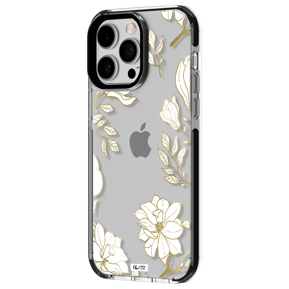 Golden And White Flower Apple iPhone 15 Pro impact black border Case