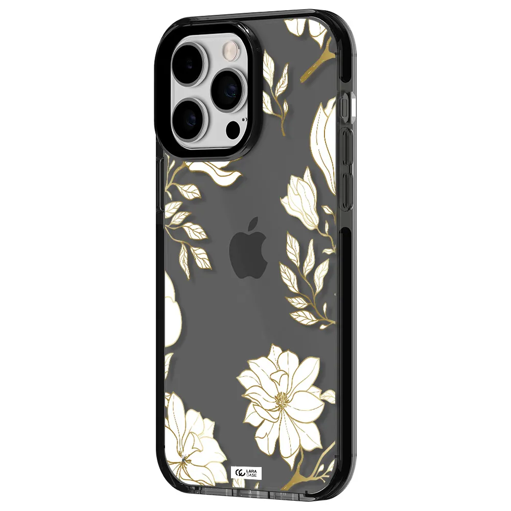 Golden And White Flower Apple iPhone 15 Pro impact Smoke Black Case
