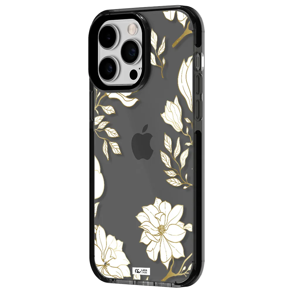 Golden And White Flower Apple iPhone 15 Pro Max impact Smoke Black Case