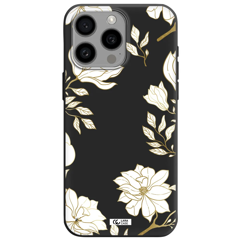 Golden And White Flower Apple Iphone 15 Pro max Silicone black Case