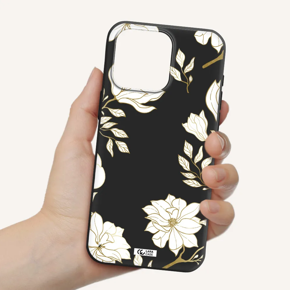 Golden And White Flower Apple Iphone 15 Pro max Silicone black Case