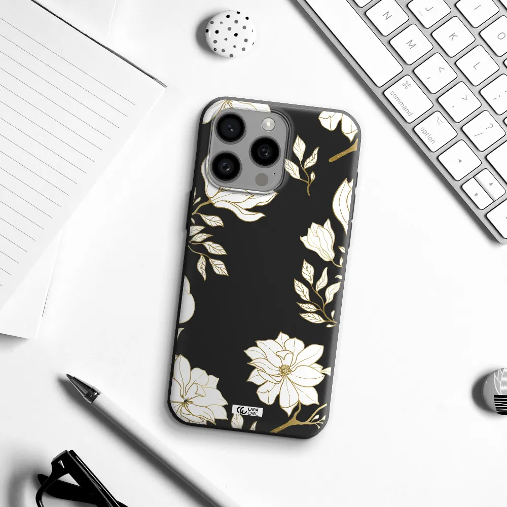 Golden And White Flower Apple Iphone 15 Pro max Silicone black Case