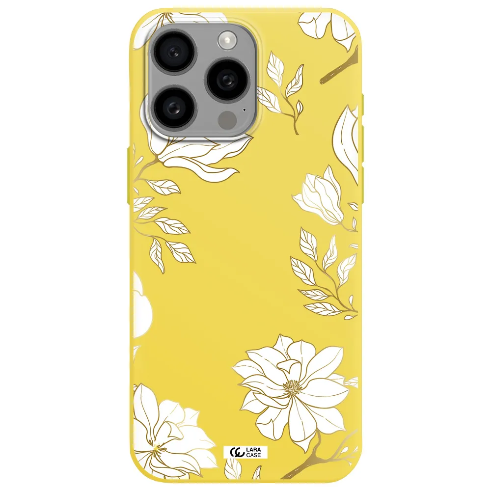 Golden And White Flower Apple Iphone 15 Pro max Silicone canary yellow Case