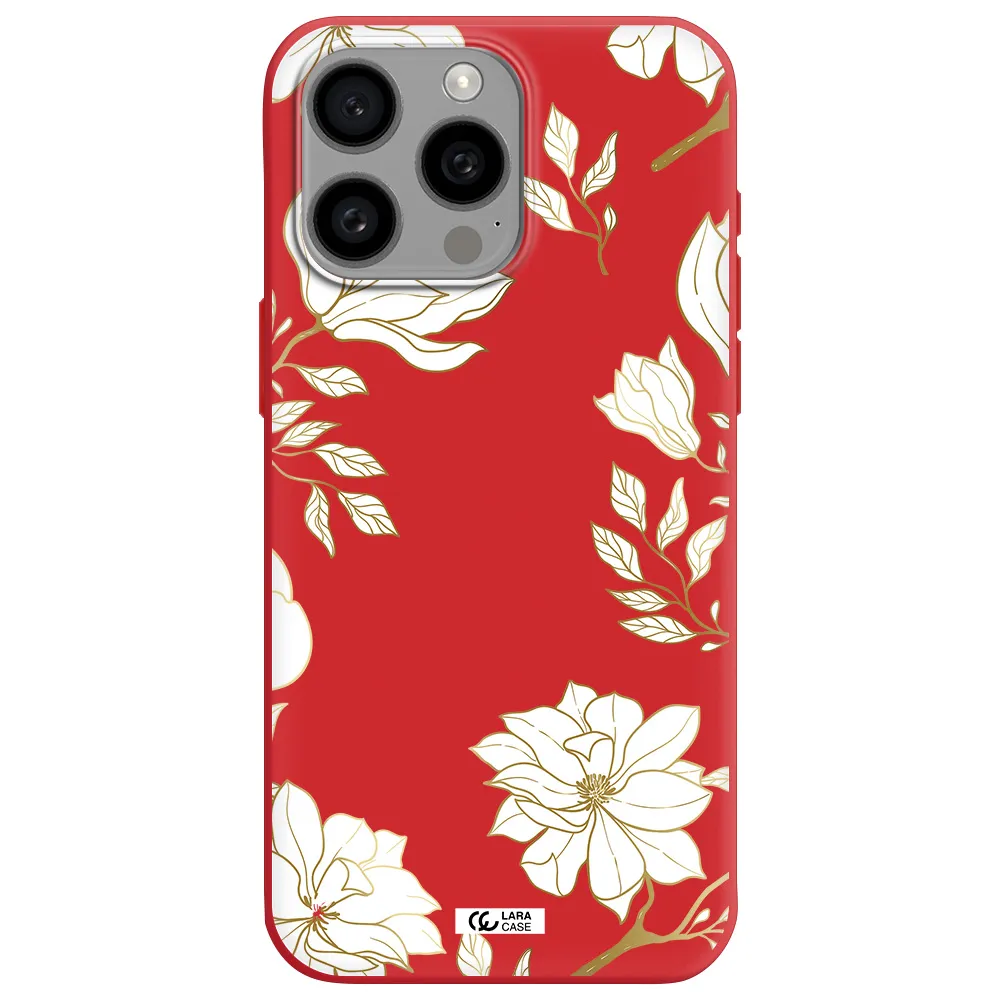 Golden And White Flower Apple Iphone 15 Pro Max Silicone Imperial Red Case