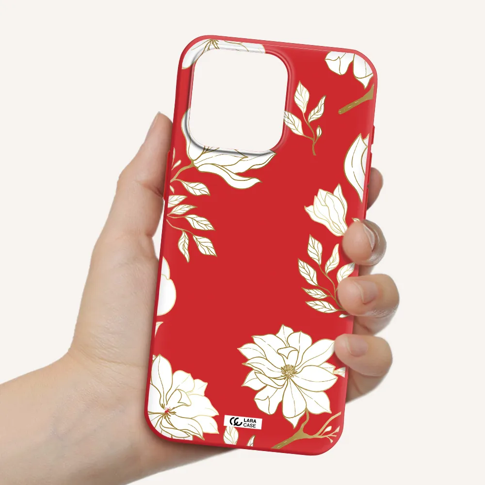 Golden And White Flower Apple Iphone 15 Pro Max Silicone Imperial Red Case