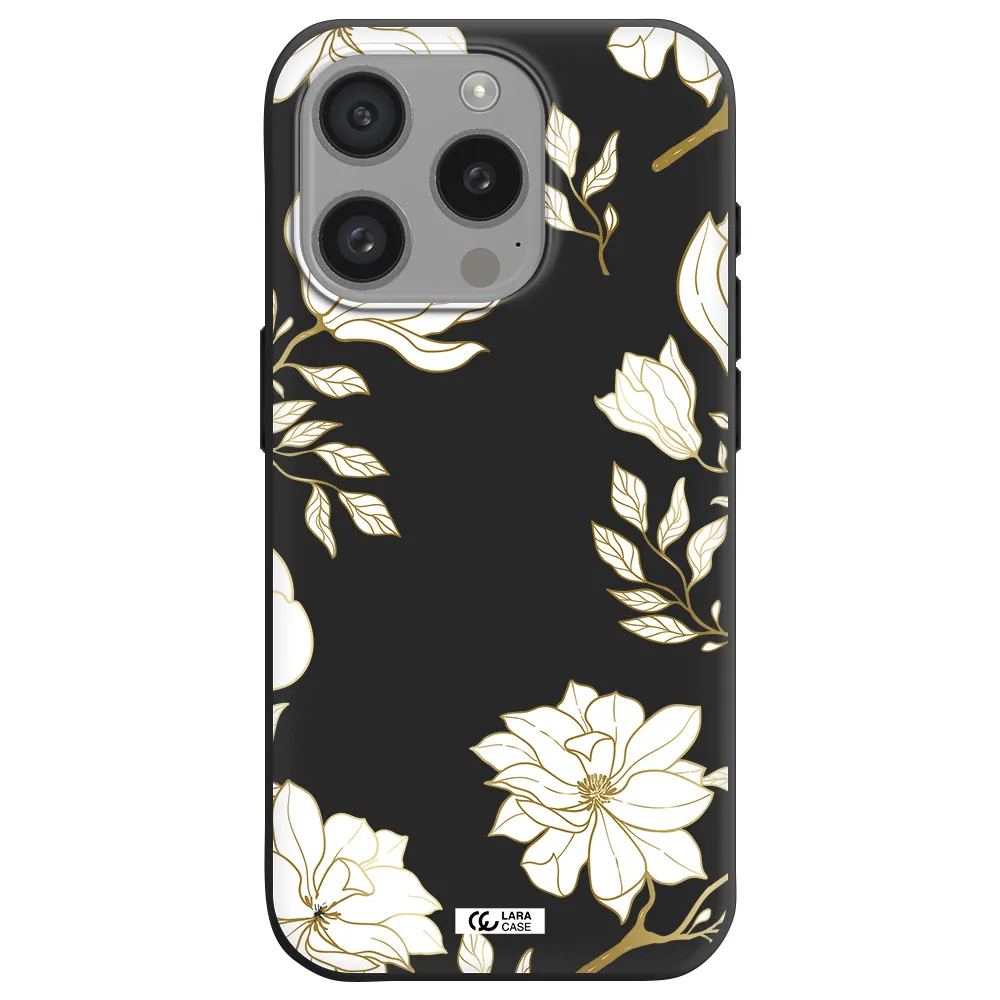 Golden And White Flower Apple Iphone 15 Pro Silicone Black Case
