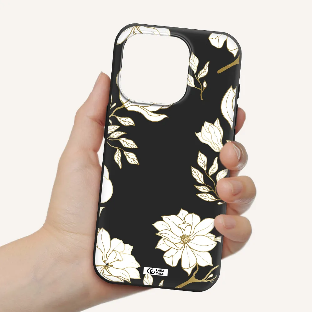 Golden And White Flower Apple Iphone 15 Pro Silicone Black Case