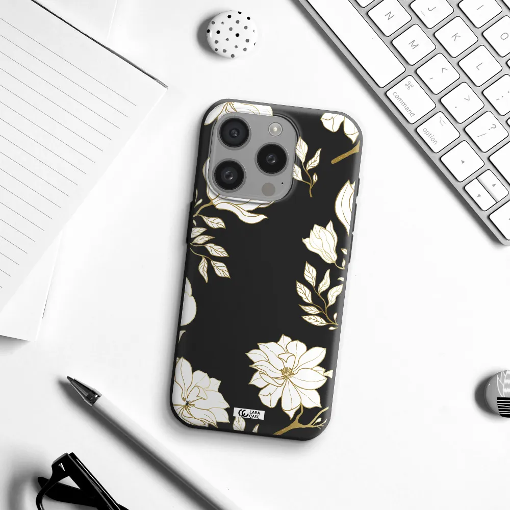 Golden And White Flower Apple Iphone 15 Pro Silicone Black Case