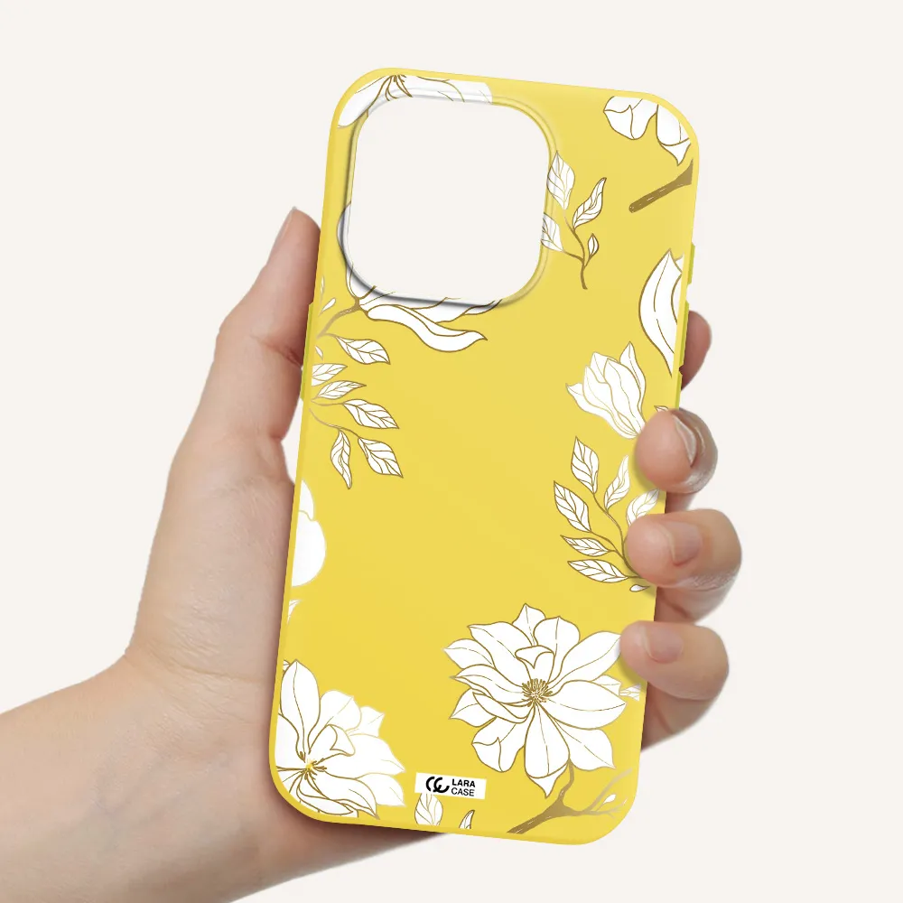 Golden And White Flower Apple Iphone 15 Pro Silicone Canary Yellow Case