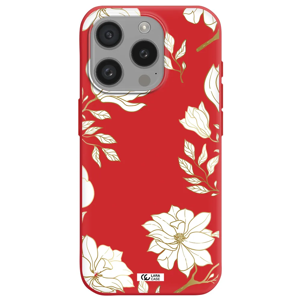 Golden And White Flower Apple Iphone 15 Pro Silicone Imperial Red Case