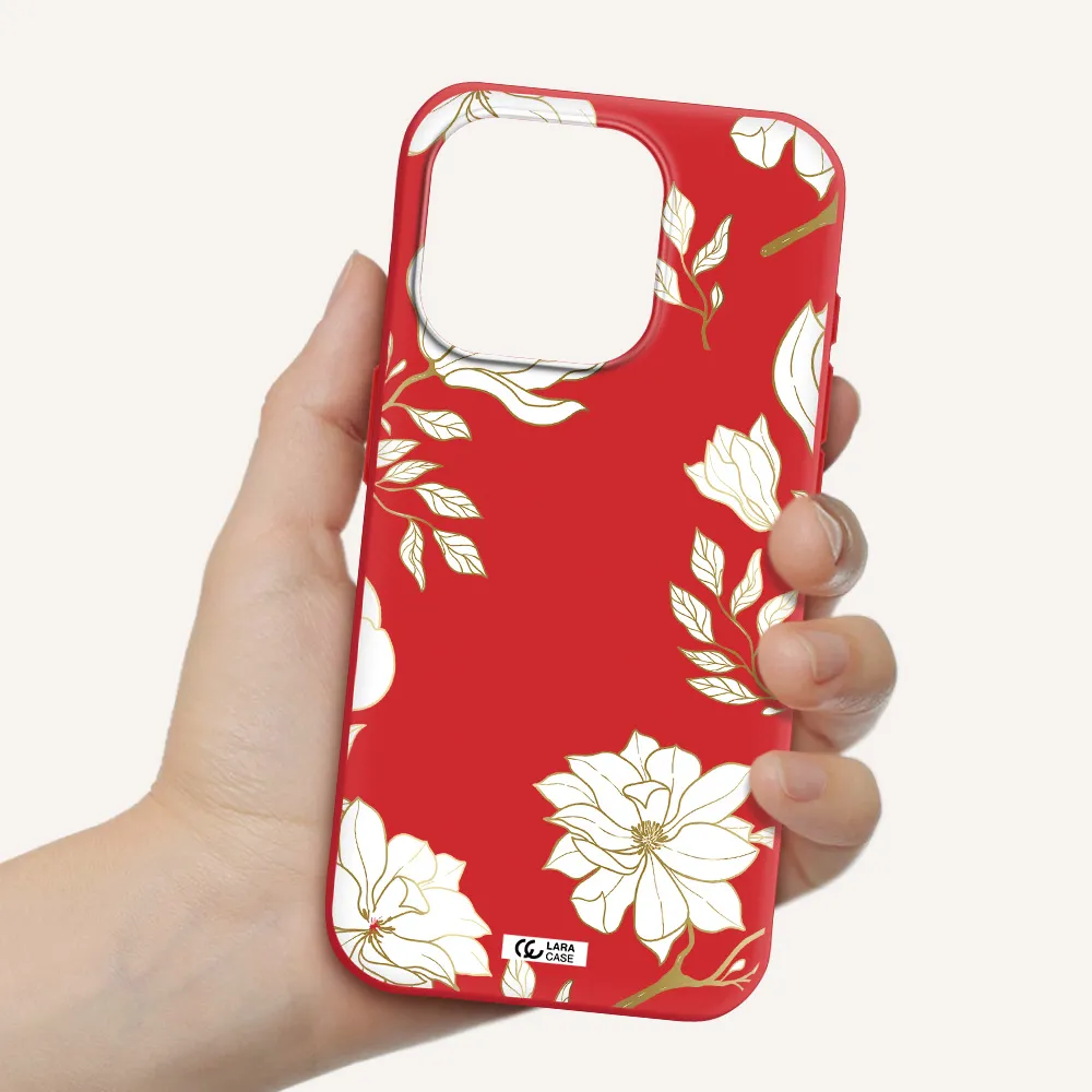 Golden And White Flower Apple Iphone 15 Pro Silicone Imperial Red Case
