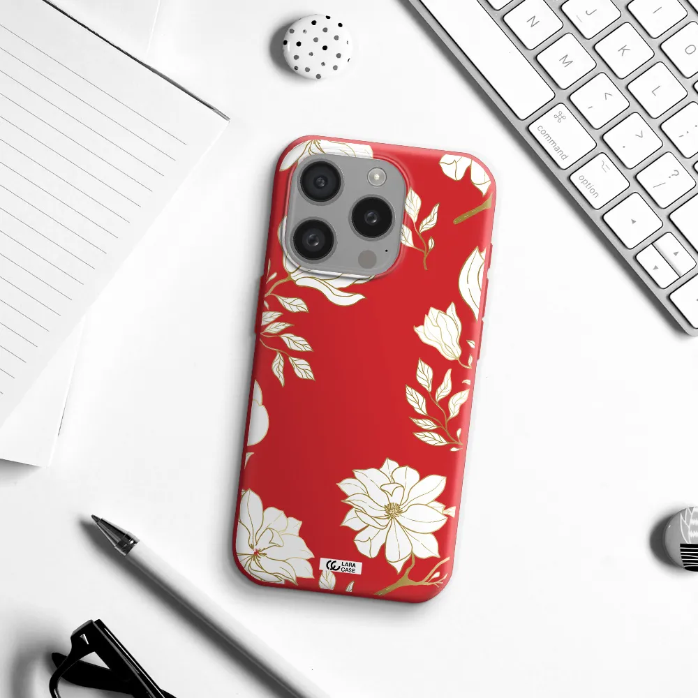 Golden And White Flower Apple Iphone 15 Pro Silicone Imperial Red Case