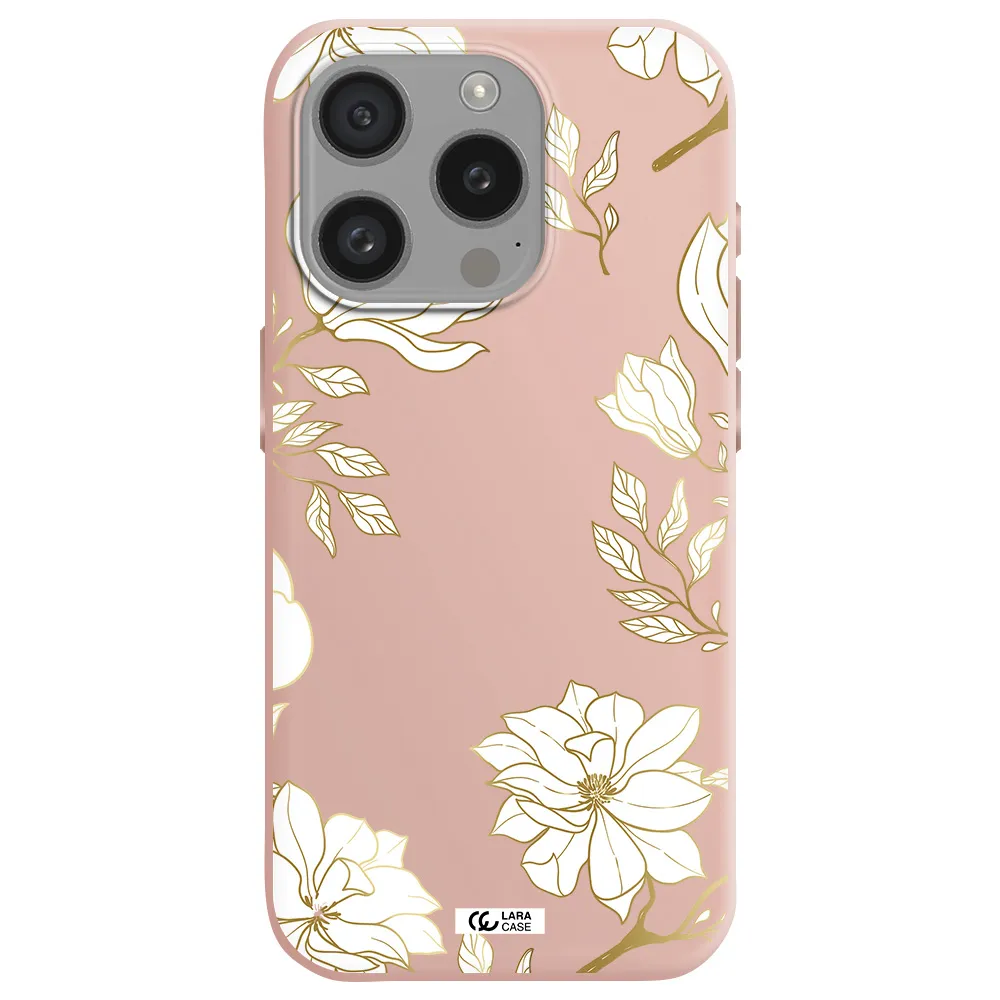 Golden And White Flower Apple Iphone 15 Pro Silicone Pastel Pink Case